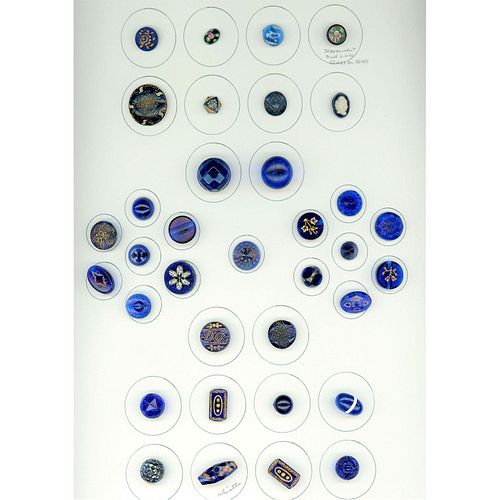 2 CARDS OF DIV 1 & 3 ASSORTED BLUE GLASS BUTTONS