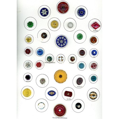 A CARD OF ASSORTED COLOR DIVISION ONE GLASS BUTTONS