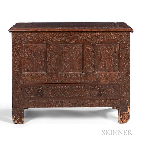 Carved Oak "MI" Hadley Chest with Drawer