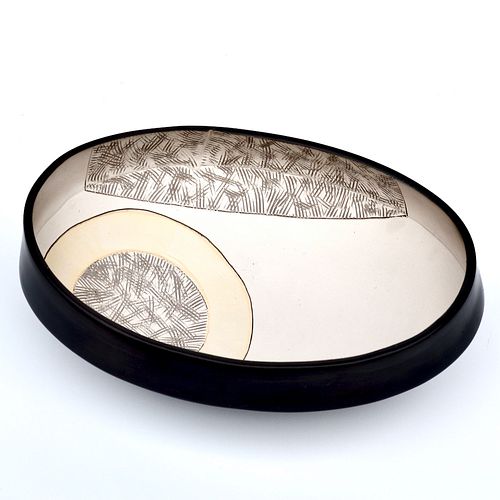 Oval Smoke Fired Bowl with Sgraffito Design