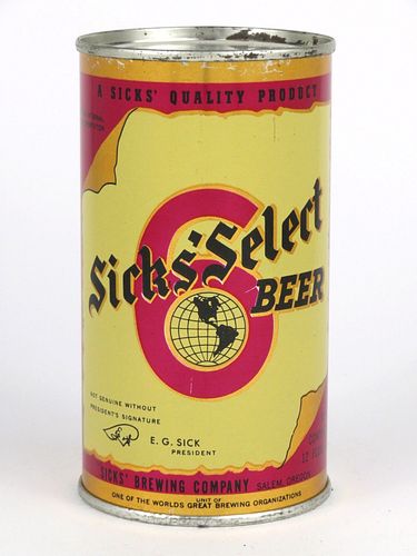 1942 Sicks' Select Beer 12oz Flat Top Can OI-759