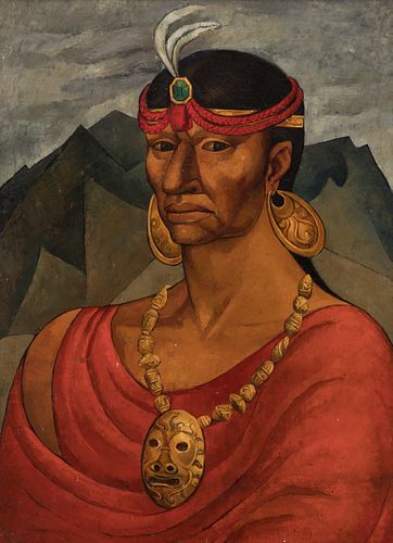OSWALDO GUAYASAMÍN (Quito, Ecuador, 1919 - Baltimore, USA, 1999). 
"Portrait of Atahualpa, 1945. 
Oil on canvas. 
Signed in the lower left corner. 
At