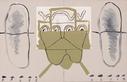 LUIS GORDILLO (Seville, 1934) 
"Four eyes", 1990. 
Mixed media on canvas. 
Signed, dated and titled on the back. 
Size: 35 x 54 cm; 40 x 59 cm (frame)