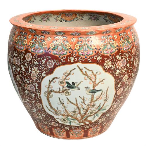 Large Chinese Rose Medallion Porcelain Planter
having birds and flower motifs
height 19 1/2 inches. diameter 22 1/4 inches