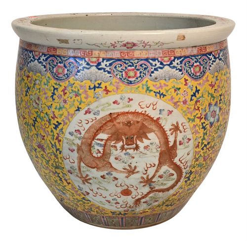 Chinese Famille Rose Porcelain Planter
having five claw dragon motifs
height 18 1/2 inches, diameter 21 inches