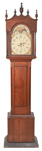 J. Bowman Federal Cherry Tall Case Clock
having cut down broken arch top over tombstone door over rectangle door on plain base
having painted porcelai