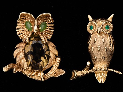 Two 14K Gold Owl Brooches
