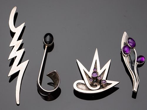 4 Mexican Silver, Amethyst, and Onyx Pins