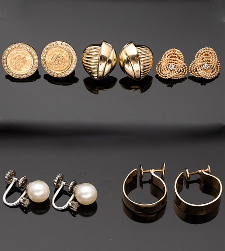 5 Pairs of Gold, Diamond, and Pearl Earrings