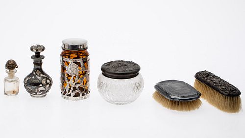 Six  Silver and Glass Vanity Items