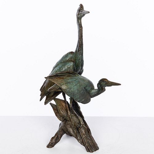 Walter Matia, Pair of Herons on Driftwood, Bronze