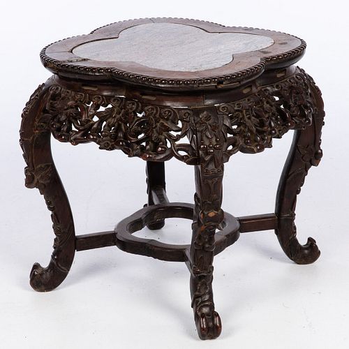 Chinese Carved Hardwood Marble Inset Side Table