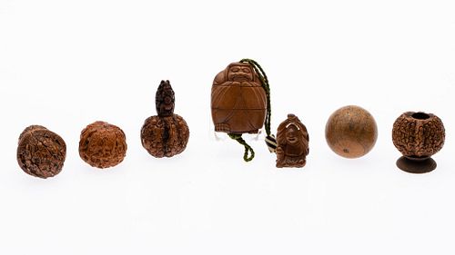Japanese Wood Inro, 4 Carved Nuts & Small Gourd