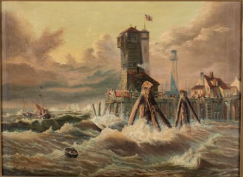 Hubert Coafrey, Pier and Lighthouse Scene, O/C, 1917