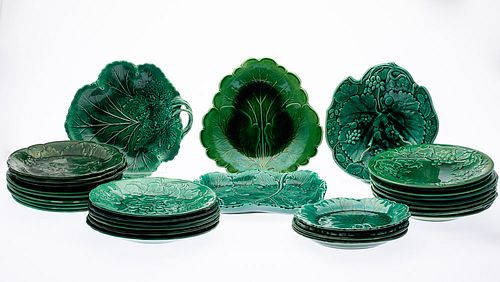 27 Green Majolica Plates and 4 Serving Dishes