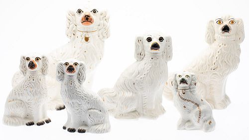 6 Staffordshire White Spaniels of Varying Size