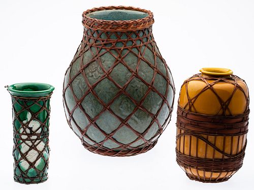 Three Japanese Basket Woven Ceramic Glazed Vases
