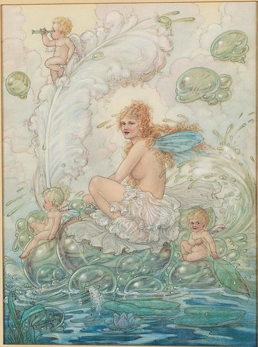 Harold Gaze, Nymph with Fairies, Watercolor