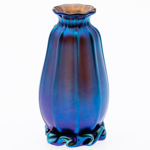 Loetz Style Blue Art Glass Vase, Unmarked 