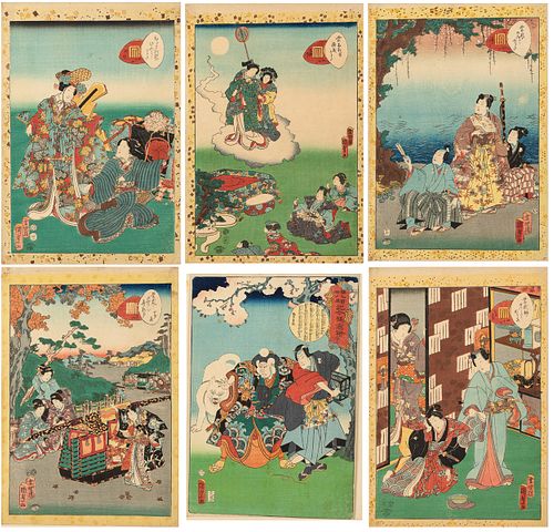 6 Kunisada (1823-1880) Oban Woodblock Prints