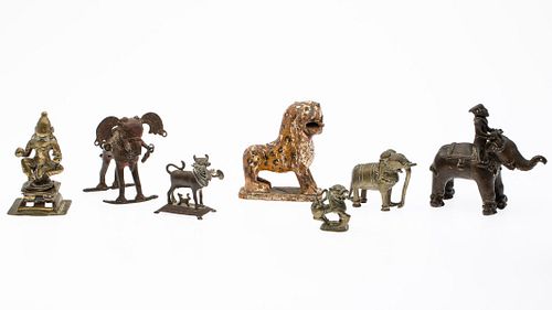 6 Cast Brass Indian Figurines and Wood Tiger