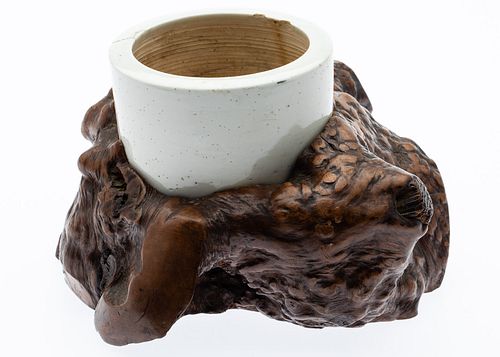 Asian Burlwood and Ceramic Brush Pot