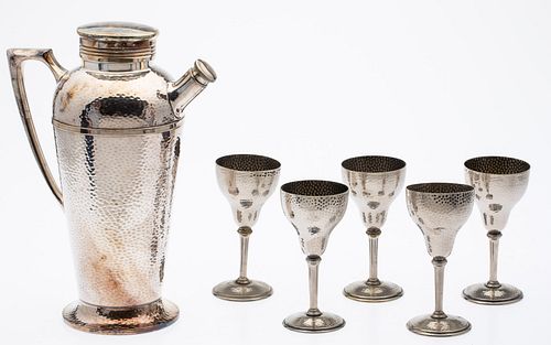 Silverplate Cocktail Shaker and 5 Martini Glasses
