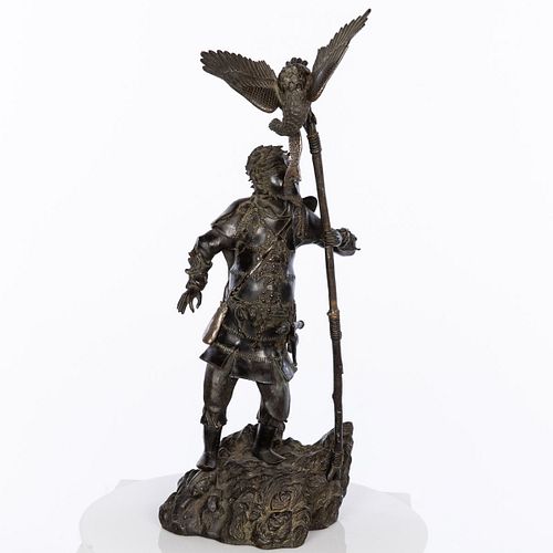 Japanese Bronze of a Warrior with Hawk