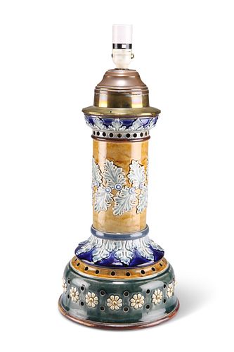 A DOULTON LAMBETH STONEWARE TABLE LAMP, of columnar form with dome base, mo