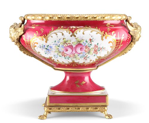 A CONTINENTAL GILT-METAL MOUNTED PORCELAIN BOWL, IN SÈVRES STYLE, the ovoid
