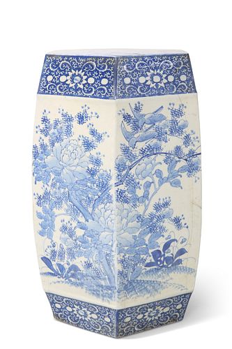 A CHINESE BLUE AND WHITE GARDEN SEAT, of hexagonal-section barrel form, the
