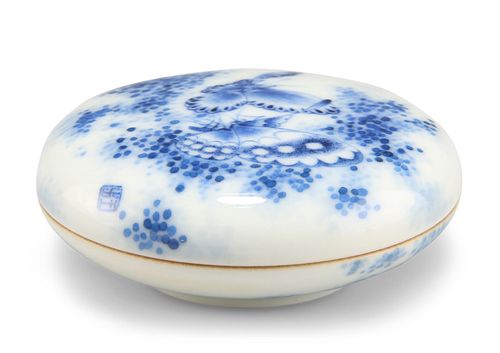 A CHINESE BLUE AND WHITE PASTE SEAL BOX, circular, painted with a butterfly