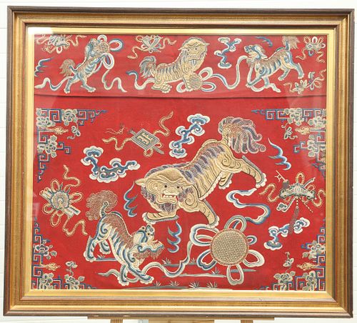 A CHINESE EMBROIDERED ALTAR CLOTH, 19TH CENTURY, the red ground worked in g