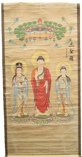 A LARGE CHINESE SCROLL PAINTING, depicting three goddesses. 219cm by 101cm 