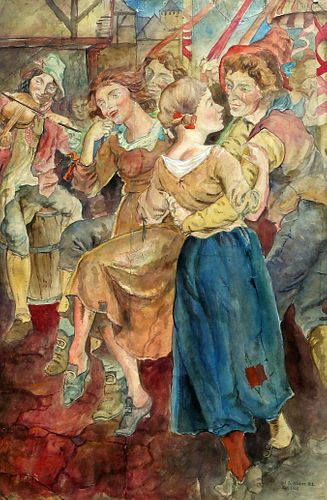 NOEL LAURA NISBET (BRITISH, 1887-1956), REVELLERS AT A COUNTRY FAIR, artist
