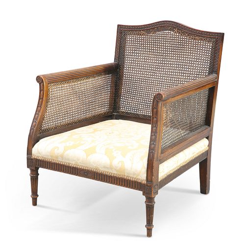 AN ADAM STYLE MAHOGANY AND CANEWORK BERGÈRE, 19TH CENTURY, the reeded arms 