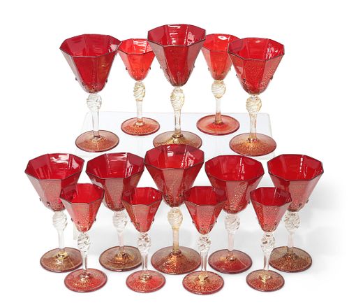 FOURTEEN VENETIAN DRINKING GLASSES, in three sizes, with octagonal red and 