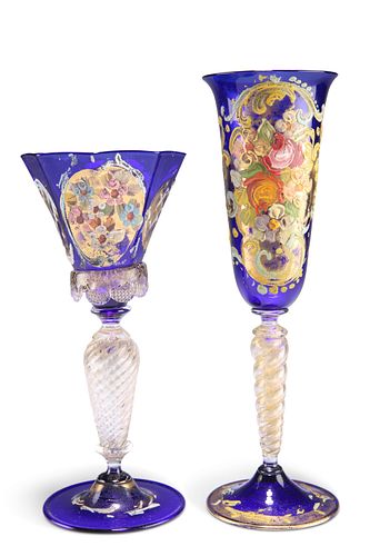 TWO VENETIAN GLASS GOBLETS, CIRCA 1950S, one with an octagonal blue glass b