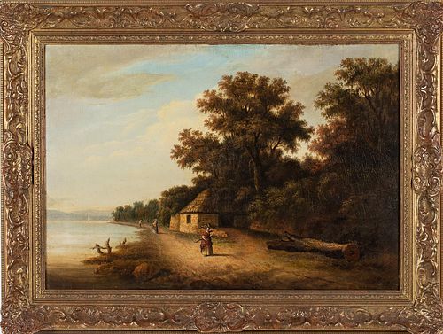 English School, Landscape with Figures, O/C, 19th C