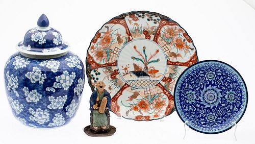 Three Asian Ceramic Articles and Enamel Plate