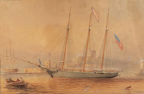 Unsigned, Masted Ship, Watercolor on Paper
