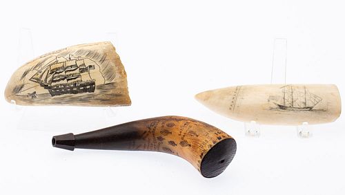 2 Pieces of Scrimshaw & NY Powder Horn, 18th/19th C