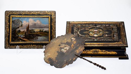 Victorian Lacquer Writing Box, Frame and Fan, 19th C