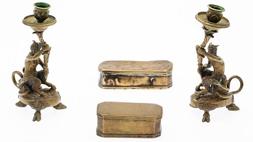 Pair of Satyr Candlesticks & Two Brass Boxes, 19th C