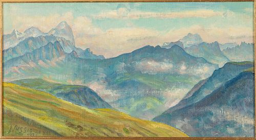 Oscar Nussio, Mountainous Landscape, Oil on Board