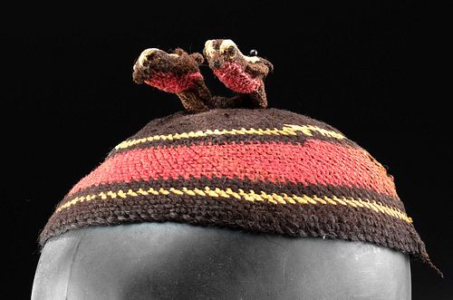 Nazca / Paracas Woven Camelid Wool Hat w/ Bird Finials