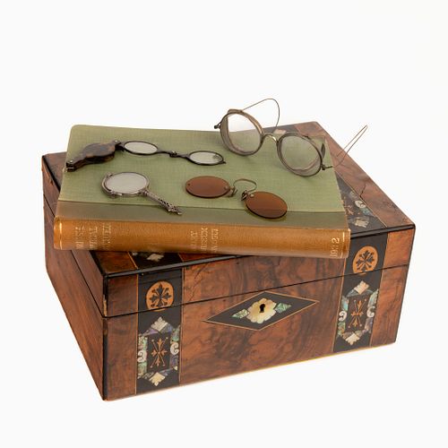 Inlaid Marquetry Box with Twenty-Eight Pairs of Antique Eyeglasses