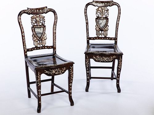 Pair of Chinese MOP and Stone Inlaid Side Chairs