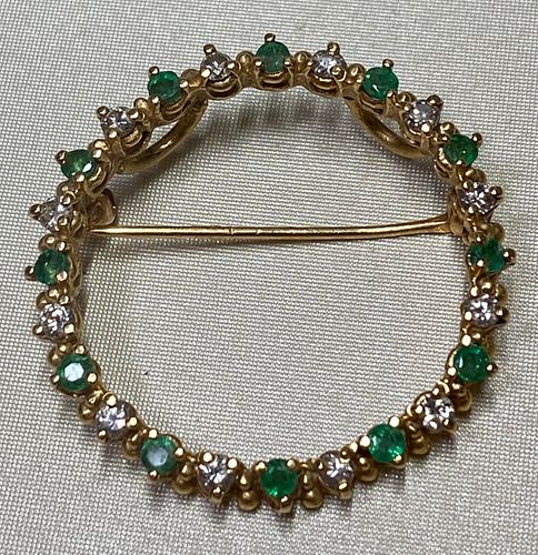 Diamond, Emerald, 14k Circle Pin Pendant