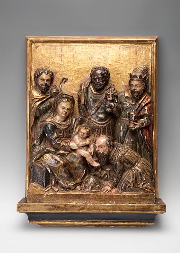 Castilian School, XVI century. 
"The Epiphany. 
Relief, gilded and polychrome.